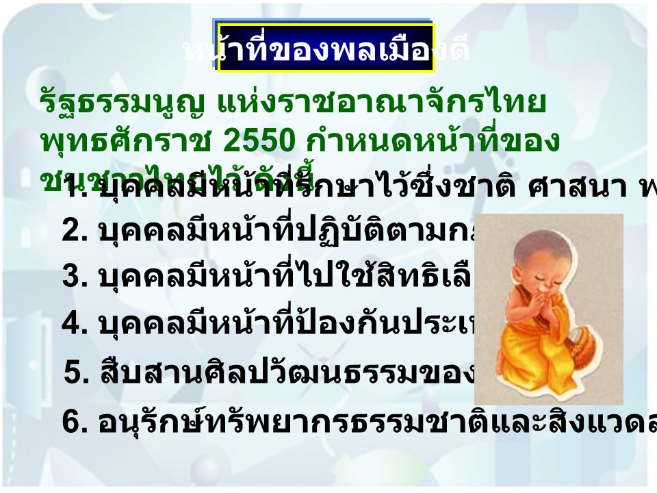 หน้าที่ของพลเมืองดี รัฐธรรมนูญ แห่งราชอาณาจักรไทย พุทธศักราช 2550 กำหนดหน้าที่ของชนชาวไทยไว้ ดังนี้