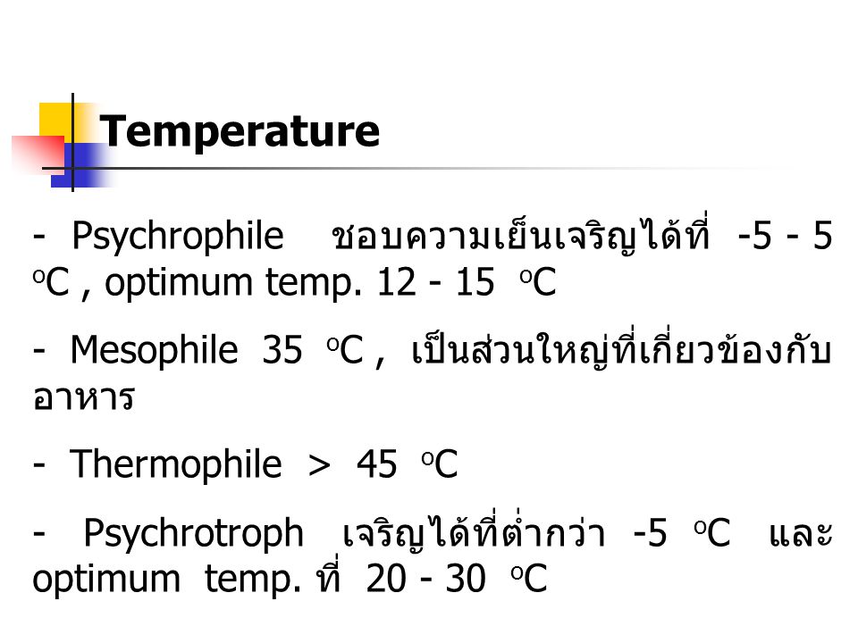 Temperature - Psychrophile ชอบความเย็นเจริญได้ที่ oC , optimum temp oC.