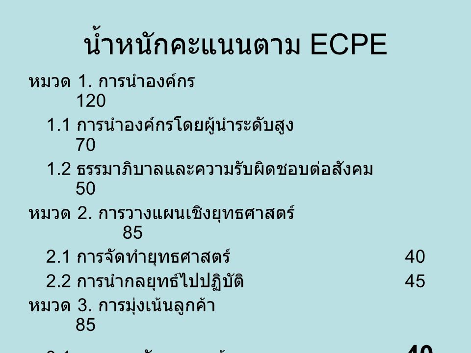 น้ำหนักคะแนนตาม ECPE หมวด 1. การนำองค์กร 120