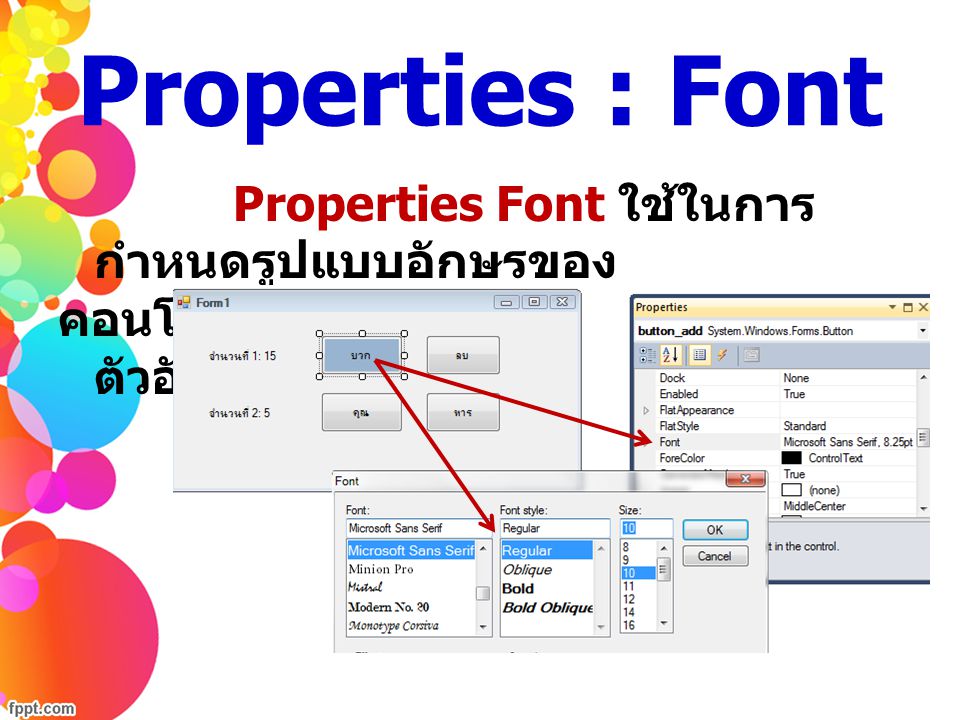 Properties : Font คอนโทรล โดยสามารถกำหนด ชนิดตัวอักษร ขนาด รูปแบบ