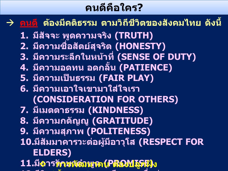 คนดีคือใคร  คนดี ต้องมีคติธรรม ตามวิถีชีวิตของสังคมไทย ดังนี้