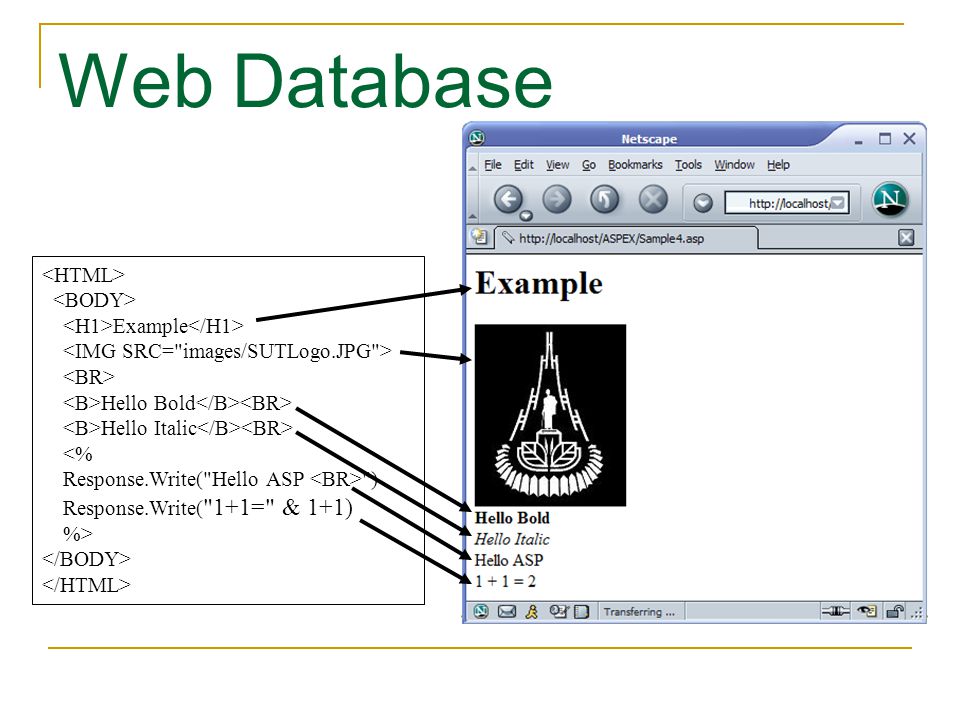 Web Database <HTML> <BODY> <H1>Example</H1>