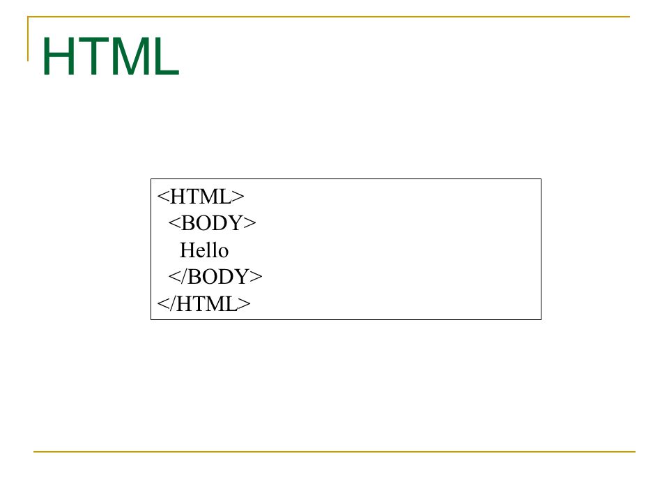 HTML <HTML> <BODY> Hello </BODY> </HTML>