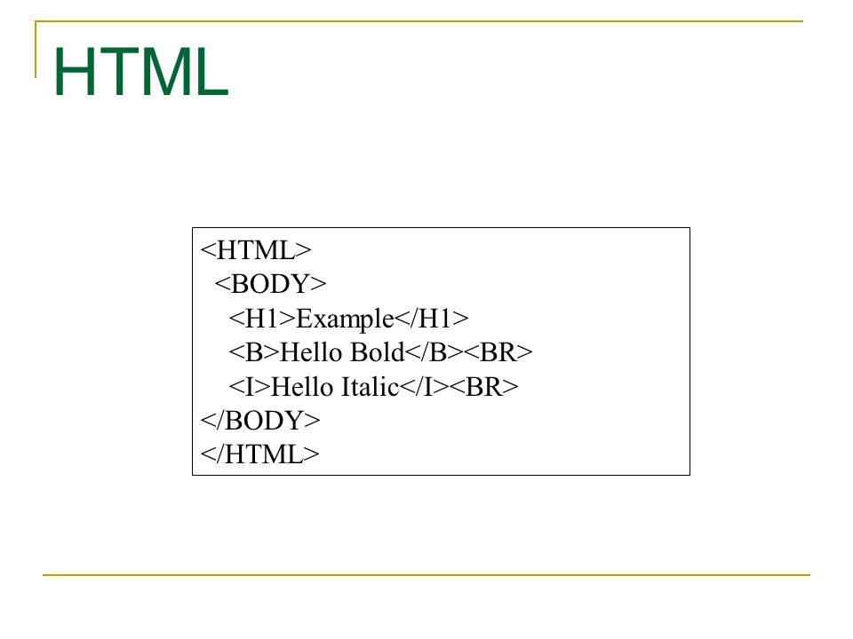 HTML <HTML> <BODY> <H1>Example</H1>