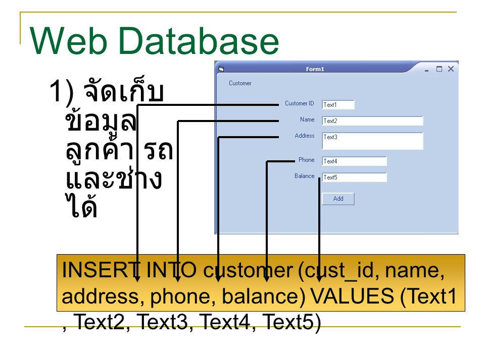 Web Database 1) จัดเก็บข้อมูลลูกค้า รถ และช่างได้