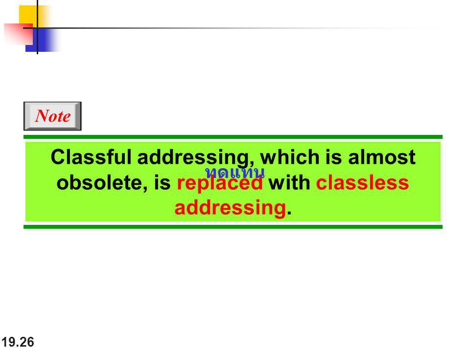 Note Classful addressing, which is almost obsolete, is replaced with classless addressing. ทดแทน