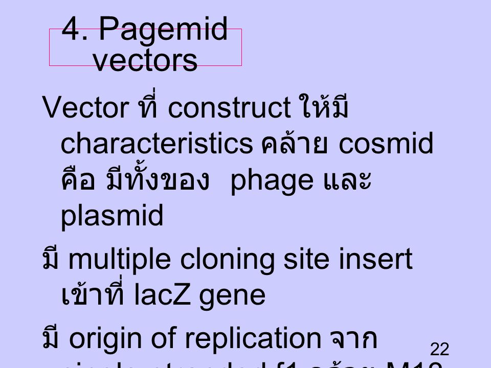 4. Pagemid vectors Vector ที่ construct ให้มี characteristics คล้าย cosmid คือ มีทั้งของ phage และ plasmid.