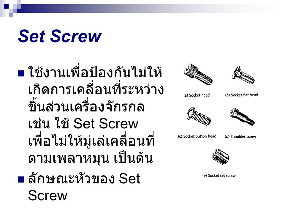 Set Screw ใช้งานเพื่อป้องกันไม่ให้เกิดการเคลื่อนที่ระหว่างชิ้นส่วนเครื่องจักรกล เช่น ใช้ Set Screw เพื่อไม่ให้มู่เล่เคลื่อนที่ตามเพลาหมุน เป็นต้น.