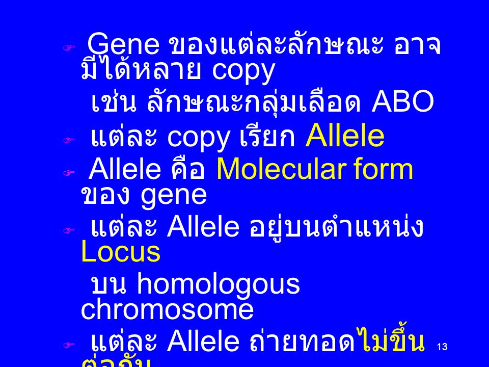 เช่น ลักษณะกลุ่มเลือด ABO แต่ละ copy เรียก Allele
