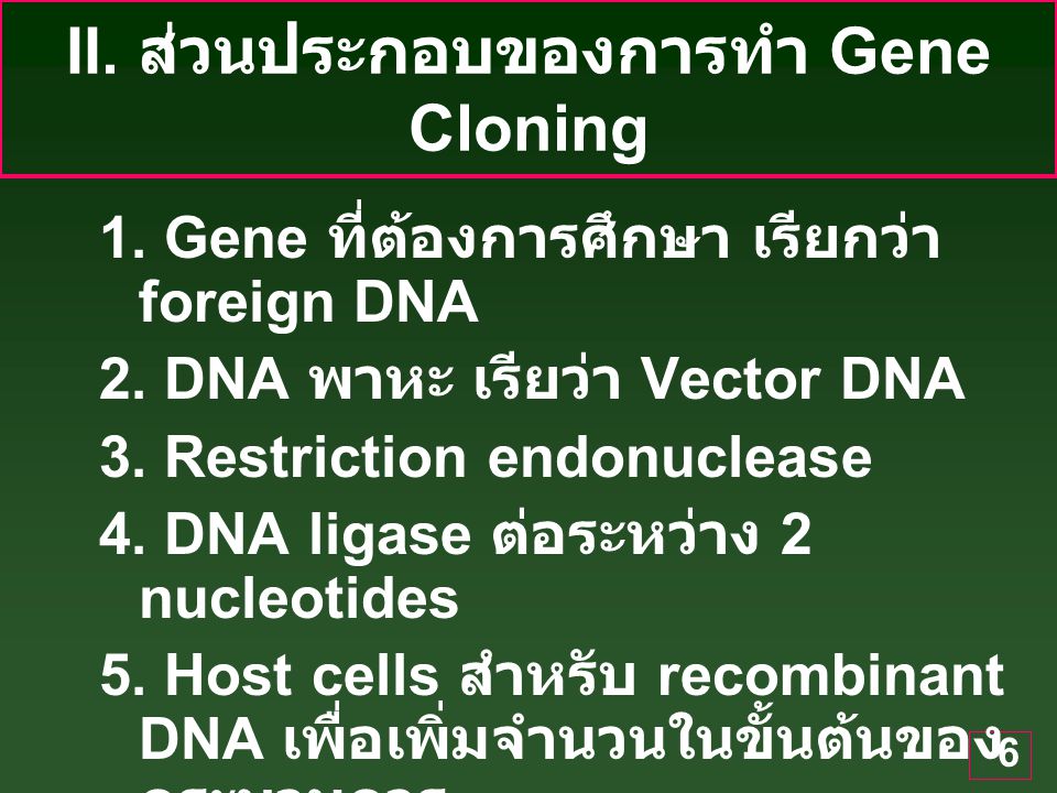 II. ส่วนประกอบของการทำ Gene Cloning
