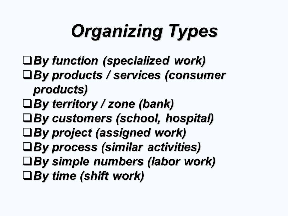 Organizing Types By function (specialized work)