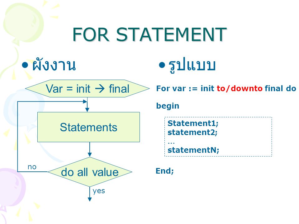 FOR STATEMENT ผังงาน รูปแบบ Var = init  final Statements do all value