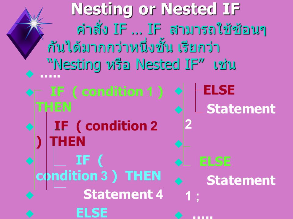 Nesting or Nested IF คำสั่ง IF … IF สามารถใช้ซ้อนๆกันได้มากกว่าหนึ่งชั้น เรียกว่า Nesting หรือ Nested IF เช่น