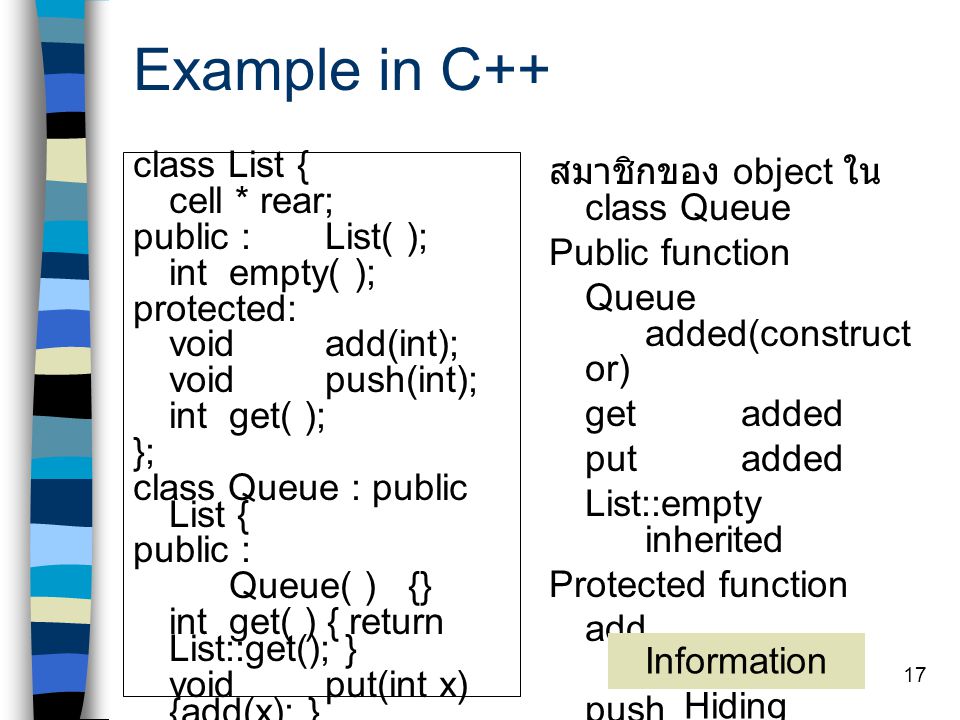 Example in C++ class List { cell * rear; public : List( );