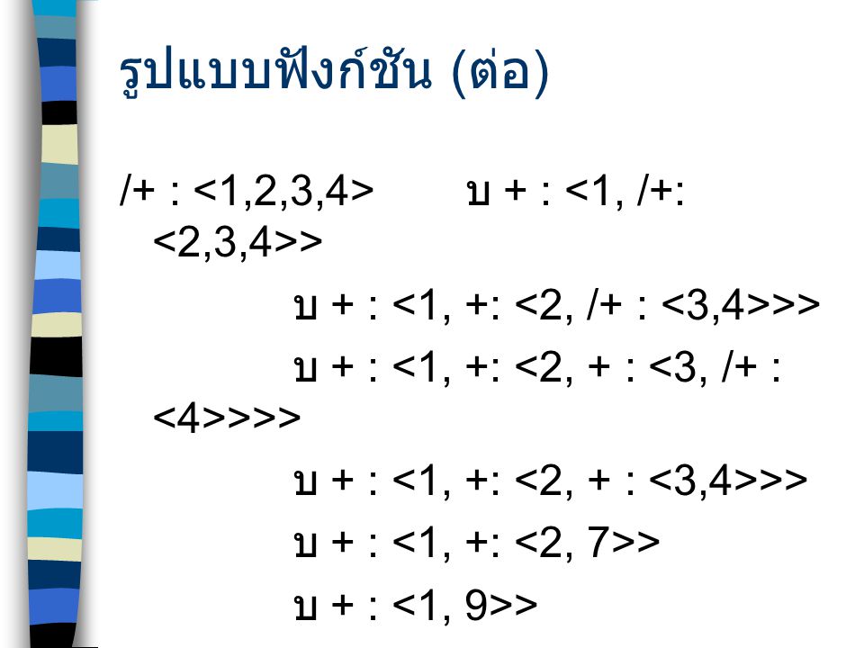 รูปแบบฟังก์ชัน (ต่อ) /+ : <1,2,3,4> บ + : <1, /+: <2,3,4>> บ + : <1, +: <2, /+ : <3,4>>> บ + : <1, +: <2, + : <3, /+ : <4>>>>