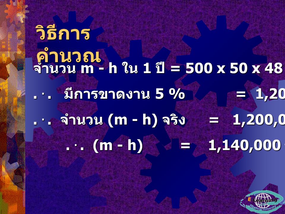วิธีการคำนวณ จำนวน m - h ใน 1 ปี = 500 x 50 x 48 = 1,200,000 ชั่วโมง-คนงาน มีการขาดงาน 5 % = 1,200, (1,200,000)