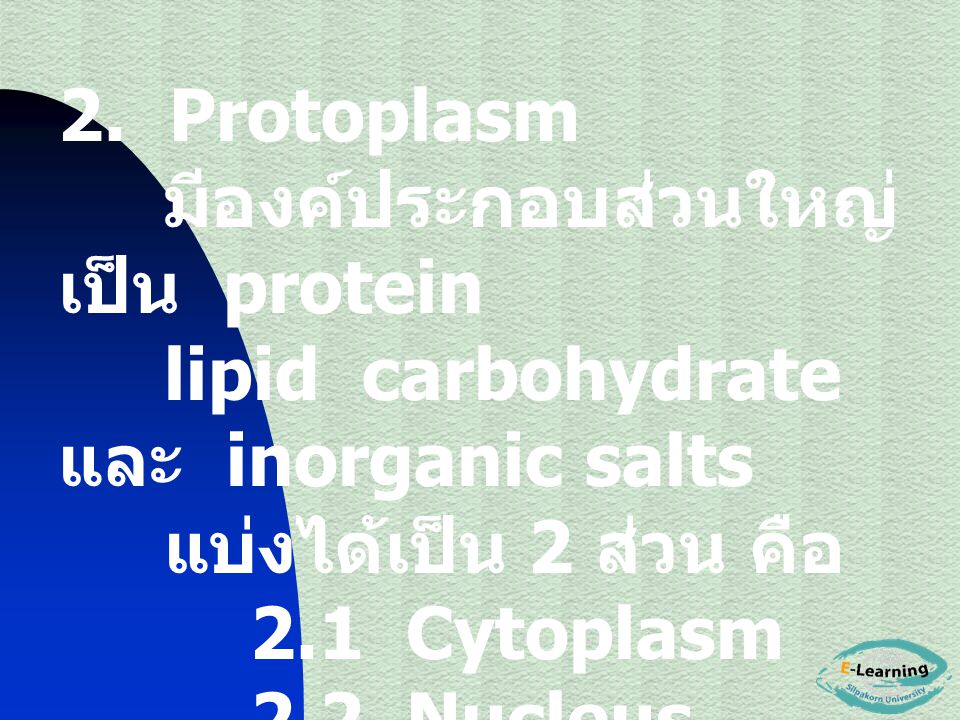 2. Protoplasm มีองค์ประกอบส่วนใหญ่เป็น protein. lipid carbohydrate และ inorganic salts. แบ่งได้เป็น 2 ส่วน คือ.