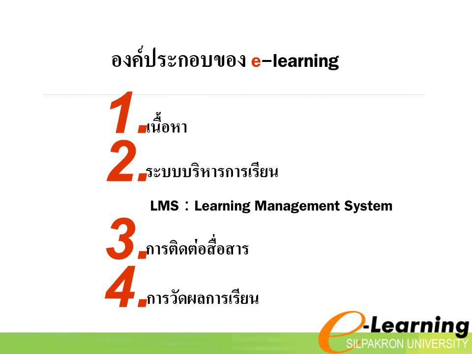 องค์ประกอบของ e-learning เนื้อหา ระบบบริหารการเรียน