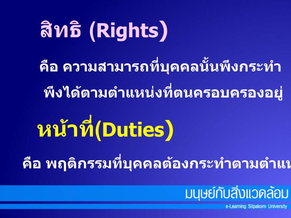 สิทธิ (Rights) หน้าที่(Duties) คือ ความสามารถที่บุคคลนั้นพึงกระทำ