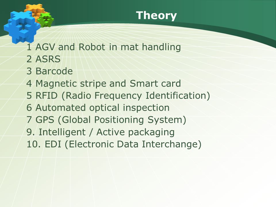 Theory 1 AGV and Robot in mat handling 2 ASRS 3 Barcode