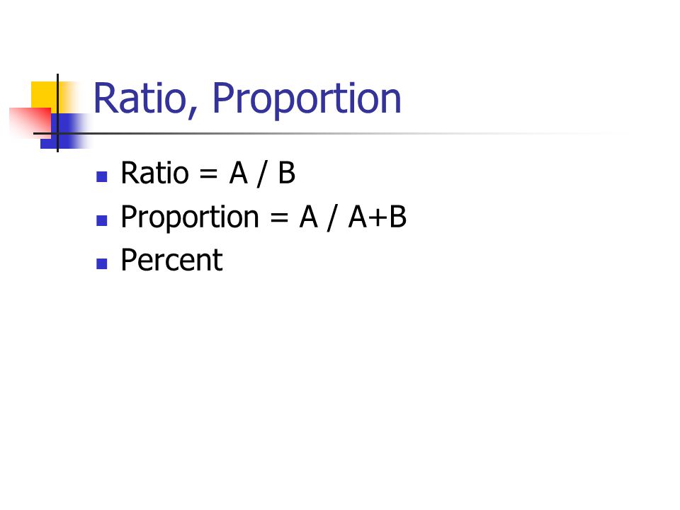 Ratio, Proportion Ratio = A / B Proportion = A / A+B Percent