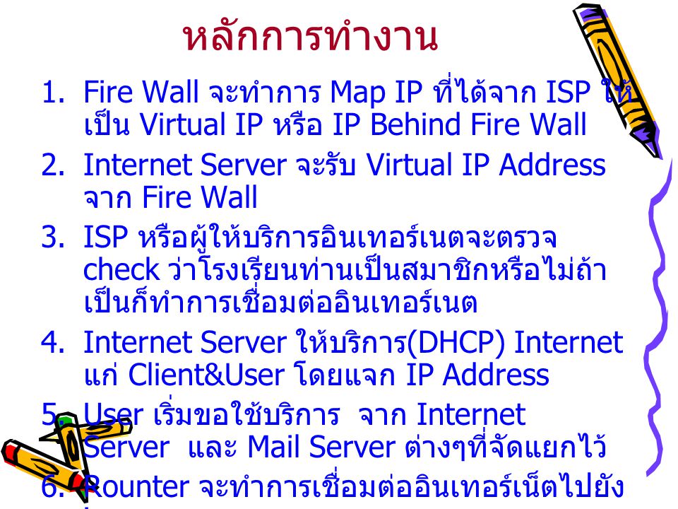 หลักการทำงาน Fire Wall จะทำการ Map IP ที่ได้จาก ISP ให้เป็น Virtual IP หรือ IP Behind Fire Wall.