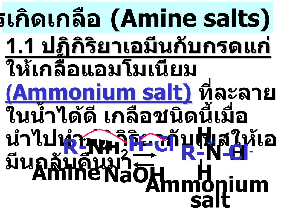 1.ปฏิกิริยาการเกิดเกลือ (Amine salts)