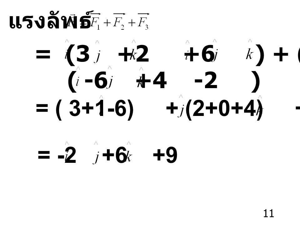 แรงลัพธ์ = ( ) + ( ) + ( ) = ( 3+1-6) + (2+0+4) + (6+5-2)