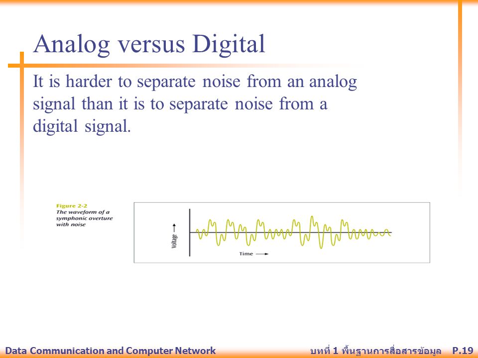 Analog versus Digital It is harder to separate noise from an analog signal than it is to separate noise from a digital signal.
