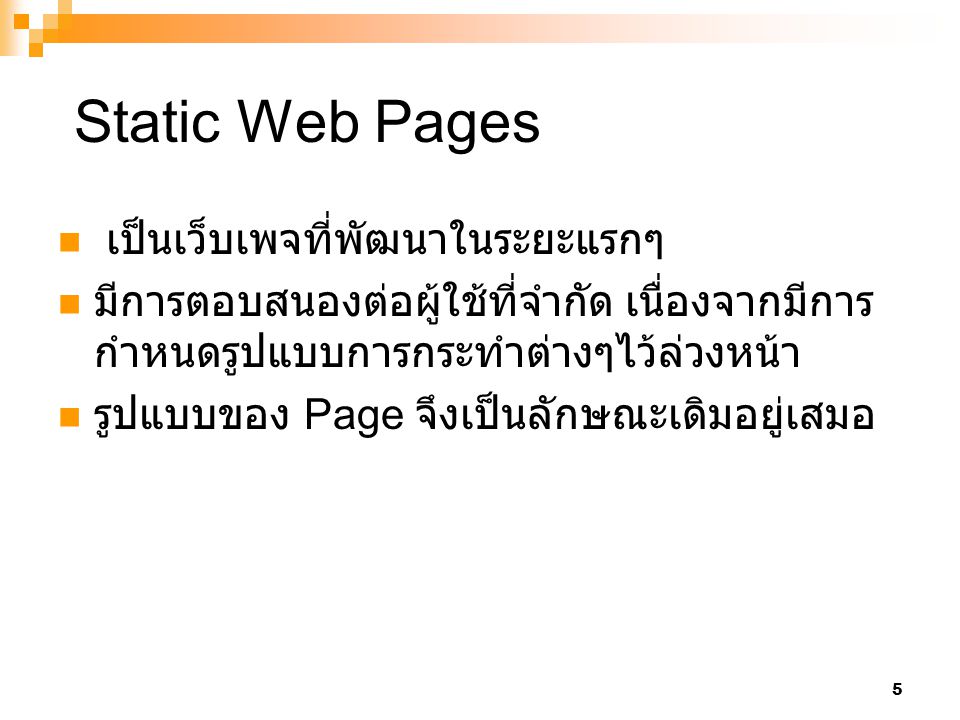 Static Web Pages เป็นเว็บเพจที่พัฒนาในระยะแรกๆ