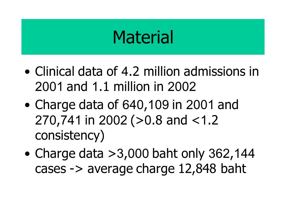 Material Clinical data of 4.2 million admissions in 2001 and 1.1 million in