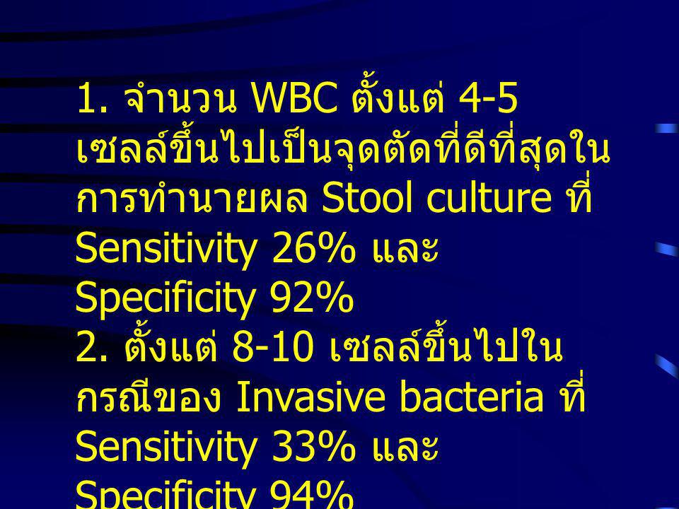 1. จำนวน WBC ตั้งแต่ 4-5 เซลล์ขึ้นไปเป็นจุดตัดที่ดีที่สุดในการทำนายผล Stool culture ที่ Sensitivity 26% และ Specificity 92%