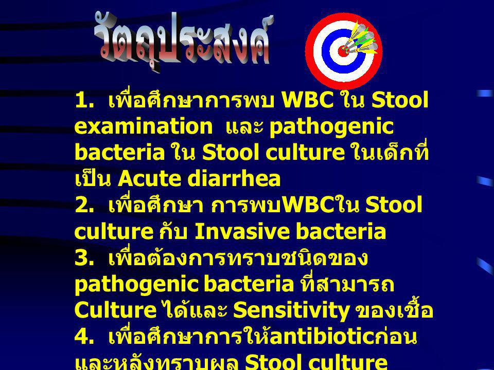 วัตถุประสงค์ 1. เพื่อศึกษาการพบ WBC ใน Stool examination และ pathogenic bacteria ใน Stool culture ในเด็กที่เป็น Acute diarrhea.