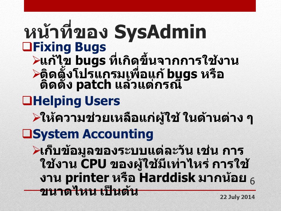 หน้าที่ของ SysAdmin Fixing Bugs แก้ไข bugs ที่เกิดขึ้นจากการใช้งาน