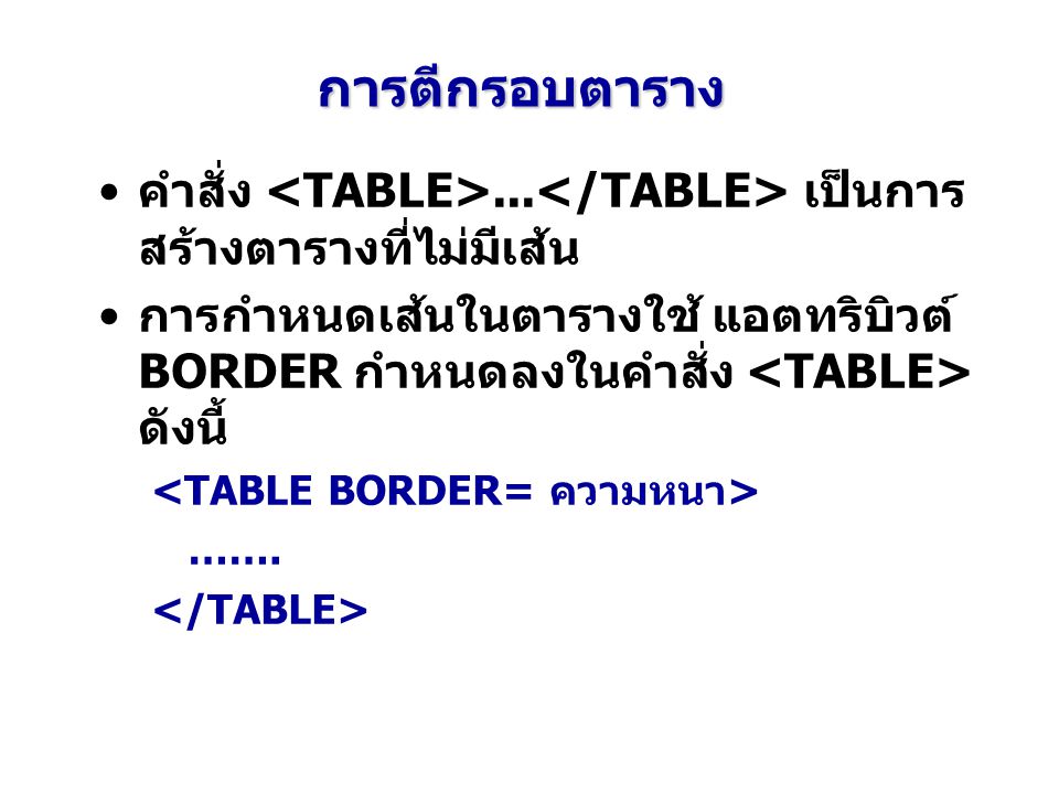 การตีกรอบตาราง คำสั่ง <TABLE>...</TABLE> เป็นการสร้างตารางที่ไม่มีเส้น. การกำหนดเส้นในตารางใช้ แอตทริบิวต์ BORDER กำหนดลงในคำสั่ง <TABLE> ดังนี้