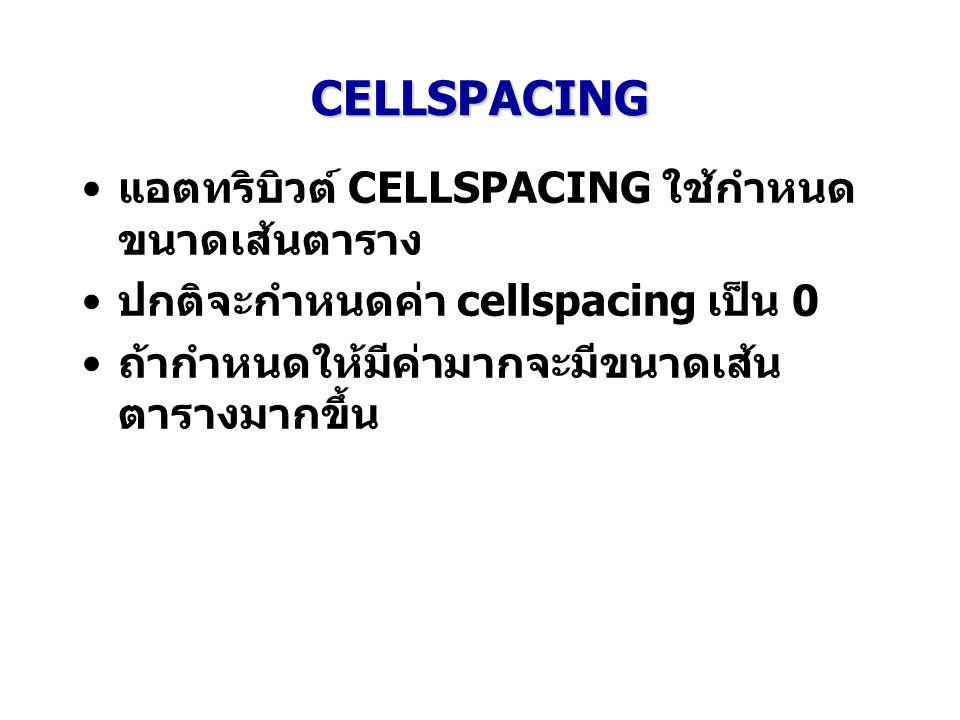 CELLSPACING แอตทริบิวต์ CELLSPACING ใช้กำหนดขนาดเส้นตาราง