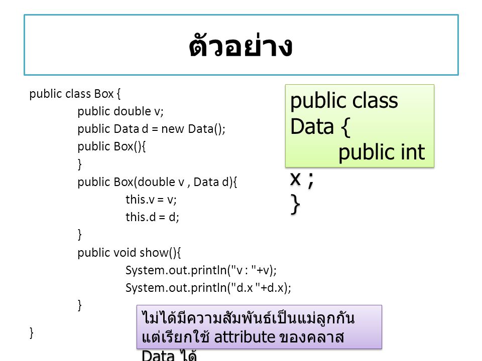 ตัวอย่าง public class Data { public int x ; }
