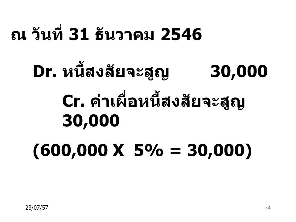 Cr. ค่าเผื่อหนี้สงสัยจะสูญ 30,000 (600,000 X 5% = 30,000)
