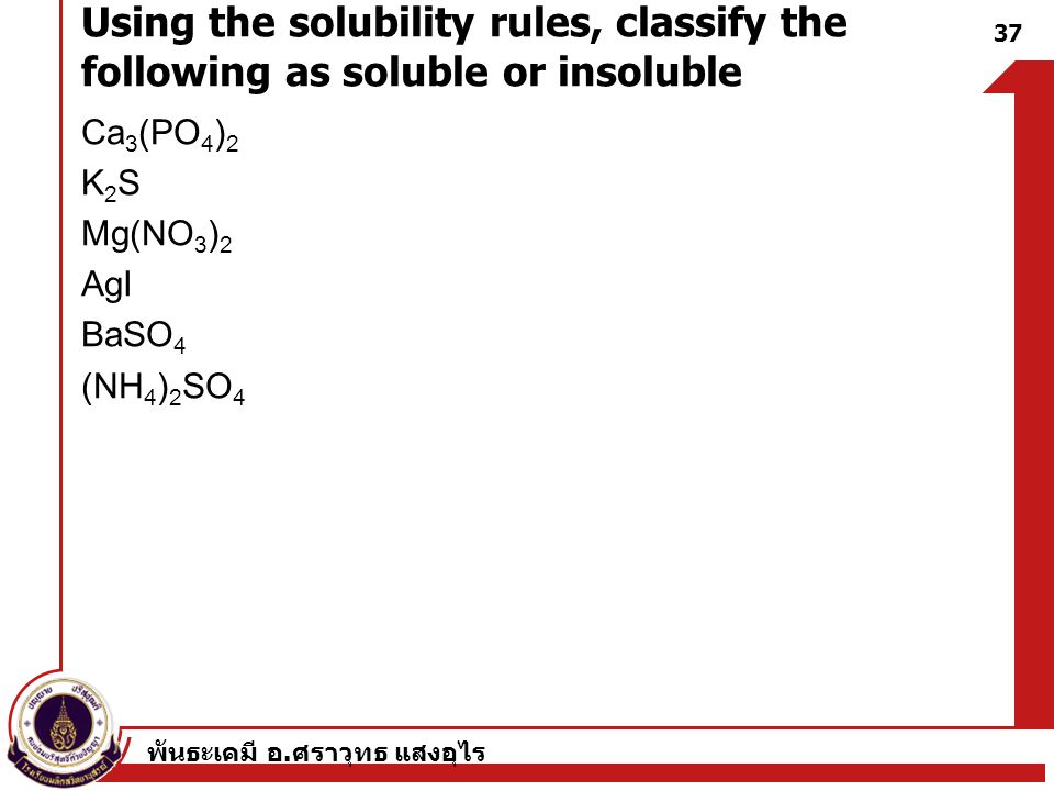 Using the solubility rules, classify the following as soluble or insoluble