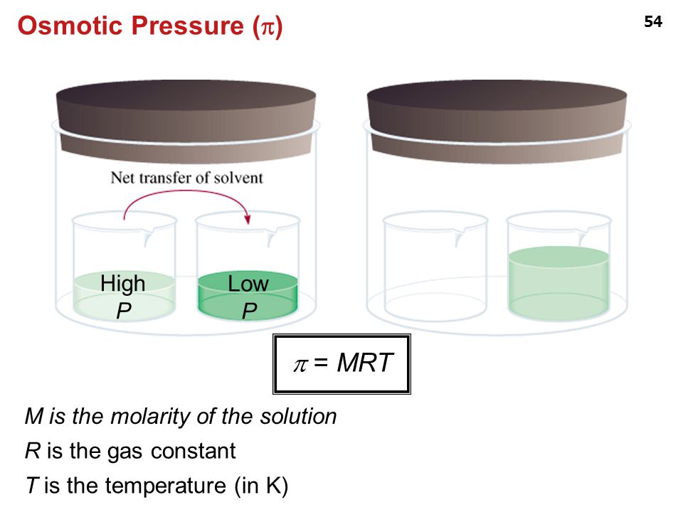Osmotic Pressure (p) p = MRT High P Low P