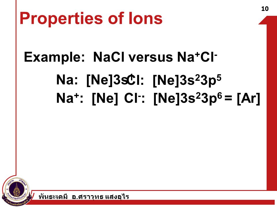 Properties of Ions Example: NaCl versus Na+Cl- Na: [Ne]3s1