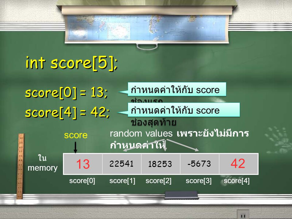 int score[5]; score[0] = 13; score[4] = 42; 13 42