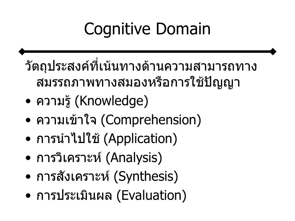 Cognitive Domain วัตถุประสงค์ที่เน้นทางด้านความสามารถทางสมรรถภาพทางสมองหรือการใช้ปัญญา. ความรู้ (Knowledge)