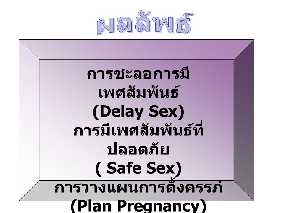 ผลลัพธ์ การชะลอการมีเพศสัมพันธ์ (Delay Sex) การมีเพศสัมพันธ์ที่ปลอดภัย ( Safe Sex) การวางแผนการตั้งครรภ์ (Plan Pregnancy)
