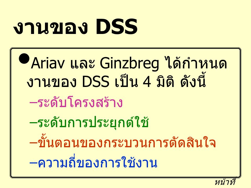 งานของ DSS Ariav และ Ginzbreg ได้กำหนดงานของ DSS เป็น 4 มิติ ดังนี้