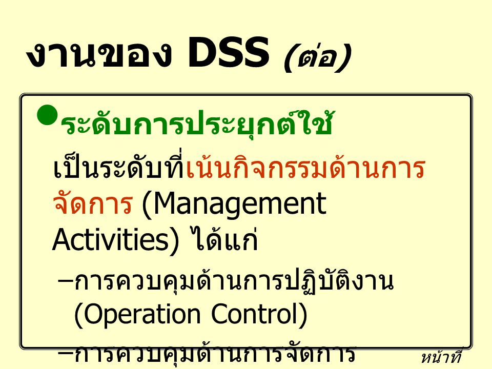 งานของ DSS (ต่อ) ระดับการประยุกต์ใช้