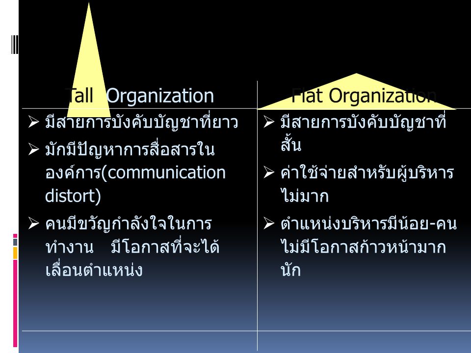 Tall Organization Flat Organization มีสายการบังคับบัญชาที่ยาว