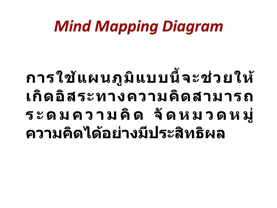 Mind Mapping Diagram การใช้แผนภูมิแบบนี้จะช่วยให้เกิดอิสระทางความคิดสามารถระดมความคิด จัดหมวดหมู่ความคิดได้อย่างมีประสิทธิผล.