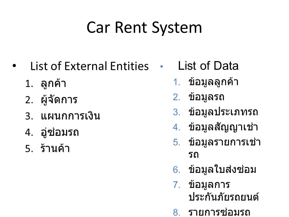 Car Rent System List of External Entities List of Data ลูกค้า