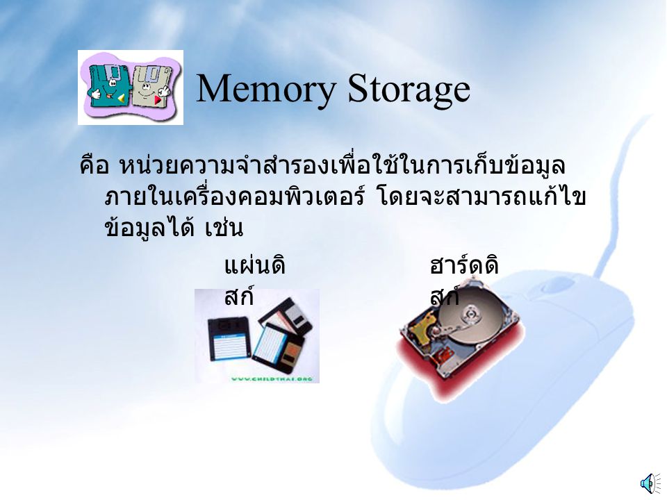 Memory Storage คือ หน่วยความจำสำรองเพื่อใช้ในการเก็บข้อมูลภายในเครื่องคอมพิวเตอร์ โดยจะสามารถแก้ไขข้อมูลได้ เช่น.